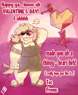 anthro apron blush clothing embarrassed female footwear fur grin hair hair_over_eyes holidays humor sandals shoes smile solo tail tail_motion tailwag text valentine's_day_card white_body white_fur puppy_guard valentine's_day crystal_(puppy_guard) canid canine canis domestic_dog herding_dog mammal pastoral_dog sheepdog english_text hi_res official_art trans_(lore) trans_woman_(lore)