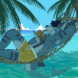 anthro athletic athletic_anthro athletic_male beverage biped blue_body blue_fur blue_hair bottomwear clothed clothing coconut coconut_drink coconut_tree drupe_(fruit) ear_piercing ear_ring food fruit fruit_tree fur green_eyes hair male palm_tree piercing plant ring_piercing sea shorts shorts_only solo tail topless tree water hacony aquatic canid canine canis fish hybrid mammal shark wolf 2025 hi_res