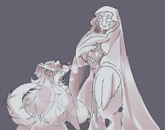 anthro duo female female/female male piercing size_difference standing tail tail_motion tailwag barscht mixi_luminous avian bird canid canine canis deity mammal owl wolf absurd_res hi_res