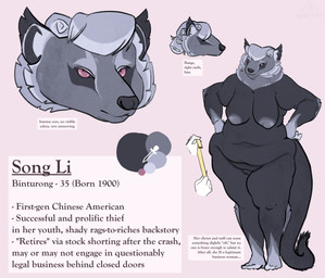 anthro breasts female mature_female nipples overweight overweight_female sagging_breasts solo tail text backalleyarts qapricore song_li binturong mammal viverrid absurd_res colored_sketch english_text hi_res model_sheet sketch