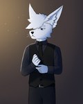 5_fingers belt belt_buckle blue_eyes bottomwear buckle claws clothed clothing dress_shirt finger_claws fingers fur male shirt simple_background solo suit suit_vest topwear whiskers white_body white_fur conditional_dnp shirufox shiru_(shirufox) arctic_fox canid canine fennec_fox fox hybrid mammal true_fox 4:5 absurd_res hi_res