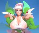 2019 areola arm_around_shoulders big_breasts blue_hair breasts clothing dawn_(pokemon) female gallade generation_4_pokemon group hair hat headgear headwear hi_res huge_breasts human humanoid looking_at_another looking_at_another's_breasts looking_at_breasts looking_at_viewer male mammal multicolored_body nintendo nipples open_mouth plantpenetrator pokemon pokemon_(species) pupils red_eyes shirt smile topwear translucent translucent_clothing trio two_tone_body white_body white_skin