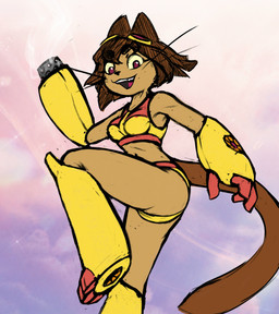 anthro arm_cannon bikini bikini_bralette blush breasts brown_body brown_hair clothing duo eyebrows eyelashes eyewear eyewear_on_head female goggles goggles_on_head hair ranged_weapon red_eyes smile solo swimwear two-piece_swimsuit weapon weapon_arm whiskers yellow_sclera not_a_lil_pesto gameoverse glitch_productions kit_bodega domestic_cat felid feline felis mammal absurd_res hi_res sketch