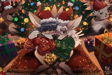 accidental_holly anthro black_nose blue_hair bottomless brown_eyes carpet christmas_clothing christmas_headwear christmas_sweater christmas_topwear christmas_tree clothed clothing duo female female/female fur gesture gift gift_wrapped hair hand_gesture hat headgear headwear holidays holly_(plant) markings plant plushie santa_hat scut_tail short_tail spots spotted_body spotted_fur sweater tail topwear tree v_sign white_hair yellow_eyes foxinshadow christmas adaline_(sharemyshipment) aldea_(character) deer mammal 2023 3:2 hi_res