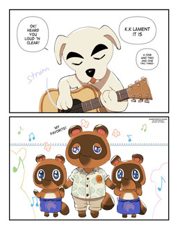 acoustic_guitar aloha_shirt anthro apron belly blue_apron blue_clothing blue_eyes border bottomwear brown_body brown_fur clothing fur group guitar musical_instrument pattern_clothing pattern_shirt pattern_topwear plucked_string_instrument shirt shorts slightly_chubby string_instrument text topwear white_body white_border white_fur darkgreyclouds animal_crossing nintendo k.k._slider timmy_nook tom_nook_(animal_crossing) tommy_nook canid canine canis domestic_dog mammal raccoon_dog tanuki 2020 english_text hi_res brother_(lore) brothers_(lore) nephew_(lore) sibling_(lore) twins_(lore) uncle_(lore) uncle_and_nephew_(lore)