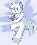 anthro chest_tuft fur holding_object holding_weapon male nude ranged_weapon simple_background slingshot solo tail tuft weapon ajin canid canine canis fox mammal wolf