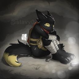 3_toes 4_fingers ambiguous_gender anthro arm_on_leg arm_tuft bandage bandaged_arm bandaged_leg big_ears big_eyes biped black_body black_claws black_ears black_fur black_tail bodily_fluids bulletproof_vest cheek_tuft claws curled_tail digitigrade dipstick_tail dirt ear_tuft ears_back eyebrows facial_tuft feet finger_claws fingers fur grass inside leg_grab leg_pouch lens_flare markings mine mostly_nude pivoted_ears plant pupils red_scarf scared scarf shoulder_tuft sitting small_nose small_pupils snout solo tail tail_markings tail_tuft tears tears_of_pain toes traumatized tuft white_bandages worried wounded year yellow_eyes yellow_sclera yellow_tail_tip yellow_tears slavv0 casualties:_unknown canid canine expie_(gunsawian) fox gunsawian hybrid mammal murid murine rat rodent 1:1 2026 digital_drawing_(artwork) digital_media_(artwork) film_grain hi_res shaded signature watermark