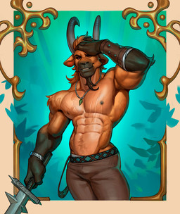 abs abstract_background anthro black_body black_fur black_horn black_nose black_sclera bottomwear brown_bottomwear brown_clothing brown_pants clothed clothing front_view fur gloves_(marking) grey_horn hair holding_melee_weapon holding_object holding_sword holding_weapon horn looking_at_viewer male male_anthro markings melee_weapon multicolored_horn muscular muscular_anthro muscular_male narrowed_eyes orange_body orange_fur orange_hair pants pecs pink_eyes short_hair smile solo standing sword topless two_tone_horn weapon edvardiko ixen_delzar bovid caprine goat mammal absurd_res hi_res portrait three-quarter_portrait