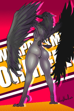 anthro beak biped black_body black_feathers butt feathers female looking_at_viewer nude nude_anthro nude_female rear_view solo standing wings lluisabadias bandai_namco dark_souls fromsoftware ornifex avian 2025 absurd_res digital_drawing_(artwork) digital_media_(artwork) hi_res
