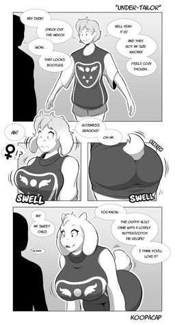 anthro big_breasts big_butt biped breasts butt clothed clothing eyelashes female gender_transformation mtf_transformation personality_change pupils side_view smile tail text tf_into_fictional_character transformation koopacap undertale_(series) toriel bovid caprine human mammal absurd_res comic english_text hi_res monochrome
