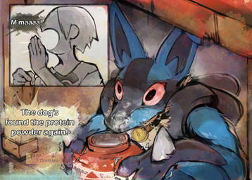 ambiguous_gender blue_body blue_fur collar duo fur messy_eater protein_powder red_eyes snout solo_focus text yelling thwillartz nintendo pokemon canid canine generation_4_pokemon human lucario mammal pokemon_(species) 2026 english_text hi_res