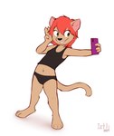 anthro biped black_clothing black_panties black_underwear brown_body brown_fur cellphone claws clothed clothing electronics female fingers fur green_eyes hair holding_cellphone holding_object holding_phone holding_smartphone navel panties phone selfie simple_background smartphone smile solo tail underwear white_background young young_anthro young_female iztli domestic_cat felid feline felis mammal 2024 absurd_res hi_res