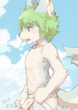 anthro arm_tuft balls biped black_nose blue_eyes chest_tuft clothed clothing day elbow_tuft erection erection_under_clothing fluffy fluffy_tail fur genitals green_hair grey_body grey_fur hair jockstrap kemono male masturbation open_mouth outside penile penile_masturbation pink_tongue short_hair shota side_view sky solo standing tail tenting tongue topless tuft underwear wardrobe_malfunction young young_anthro young_male nekowuwu canid canine canis mammal wolf 2019 dated hi_res