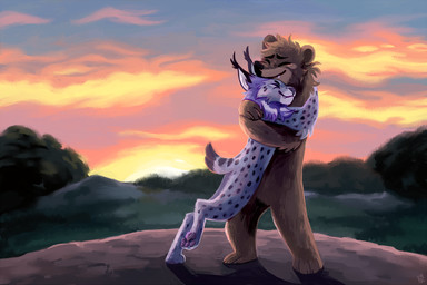 ambiguous_gender duo hug male nude sunset geckozen odax bear felid feline lynx mammal hi_res
