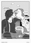 alfred_(fefece) anthro bernese_mountain_dog black_and_white canid canine canis clothed clothing comic dialogue domestic_dog duo english_text eyewear fefece felid female furniture glasses hi_res male male/female mammal molosser monochrome mountain_dog prehistoric_species profanity prudy_(fefece) romantic saber-toothed_tiger shirt sofa speech_bubble suggestive_pose swiss_mountain_dog tank_top text topwear