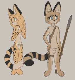 :< animal_genitalia anthro arm_tuft ball_tuft balls blue_eyes breasts casual_nudity cheek_tuft chest_tuft dipstick_tail duo facial_tuft female fully_sheathed fur genitals green_eyes hair holding_object holding_weapon inner_ear_fluff jewelry jewelry_only knife leather looking_aside male markings melee_weapon multicolored_body multicolored_ears multicolored_fur multicolored_tail navel nipples nude open_mouth paws penis polearm sheath shoulder_bag shoulder_tuft simple_background small_breasts spear spots standing tail tail_markings thigh_strap tooth_necklace touching_hair tribal tribal_jewelry tuft vulva weapon sierra-owo felid feline mammal serval 2026 absurd_res digital_media_(artwork) hi_res