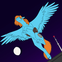 blue_body blue_feathers blue_fur blue_hooves blue_wings compass_rose cutie_mark ears_back eyes_closed feathers feral fetlocks fur gibbous_moon hooves jumping low-angle_view mane moon night obstruction_light open_wings orange_mane orange_tail outside pivoted_ears quadruped round_shield saddle_bag shield solo spread_wings tail underhoof wings foxenawolf hasbro my_little_pony mythology cardinal_shield_(swordfox) james_carter_(swordfox) equid equine mammal mythological_creature mythological_equine pegasus 1:1 2026 absurd_res flat_colors hi_res