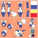 anthro blue_body blue_fur blue_hair border featureless_chest female fur hair orange_border red_eyes solo white_body white_fur yellow_eyes freeze-pop88 nintendo pokemon felid generation_6_pokemon mammal meowstic pokemon_(species) hi_res