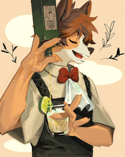 5_fingers alcohol anthro bartender beverage bow_tie brown_hair eyes_closed fingers fur hair male slim_anthro slim_male solo white_body white_fur yellow_body yellow_fur hemuchang canid canine canis domestic_dog mammal 2024 hi_res