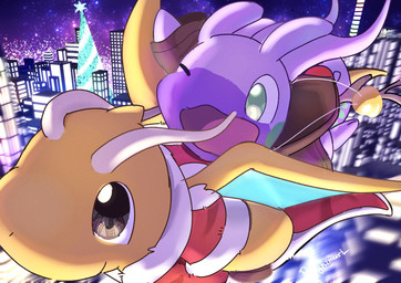 antennae_(anatomy) bell brown_eyes christmas_tree city city_background city_lights city_skyline cityscape clothing costume duo feral flying glowing green_eyes holidays looking_up multicolored_body night one_eye_closed open_mouth plant santa_coat santa_costume scales smile star text tree wings polynimuri christmas nintendo pokemon dragonite generation_1_pokemon generation_6_pokemon goodra mammal pokemon_(species) scalie 2024 artist_name english_text hi_res signature