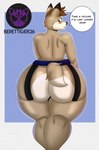 anthro big_butt brown_hair butt dialogue garter_belt garter_straps hair huge_butt looking_back male rear_view solo text thick_thighs wide_hips berettiger26 canid canine canis domestic_dog mammal absurd_res english_text hi_res