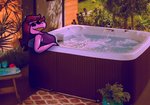 clothing eyewear female freckles garden hair hot_tub pink_body pink_scales purple_hair scales smile solo sunglasses swimwear teeth water yellow_teeth queen_susie deltarune undertale_(series) susie_(deltarune) lizard reptile scalie mixed_media