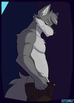 anthro black_border black_nose border chest_tuft clothed clothing countershade_torso countershading grey_tail head_tuft looking_at_viewer male male_anthro side_view simple_background solo tail topless tuft suitedwolfie canid canine canis mammal wolf 2025 absurd_res digital_drawing_(artwork) digital_media_(artwork) hi_res