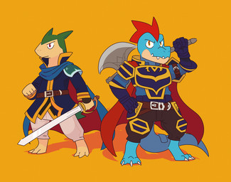 alternate_species anthro armor axe battle_axe belt belt_buckle blue_body blue_scales buckle cape clothing countershading duo fur green_body green_fur looking_at_viewer male melee_weapon pose scales shadow simple_background sword tan_body tan_countershading weapon yellow_background ionicisaac fire_emblem fire_emblem_the_blazing_blade nintendo pokemon eliwood_(fire_emblem) hector_(fire_emblem) feraligatr generation_2_pokemon pokemon_(species) typhlosion
