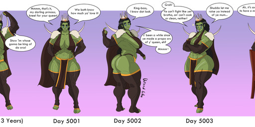 after_transformation allegiance_conversion big_breasts big_butt breasts butt clothed clothing crown female footwear headgear mental_transformation muscular muscular_female not_furry skimpy solo thick_thighs timeline toeless_footwear wixedecho humanoid orc absurd_res hi_res