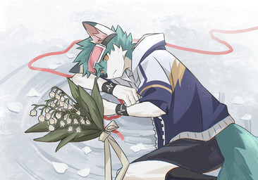 anthro biped black_bottomwear black_clothing black_shorts bottomwear clothing eyewear eyewear_on_head flower fluffy fluffy_tail fur goggles goggles_on_head green_body green_fur hoodie inner_ear_fluff kemono lying male multicolored_body multicolored_fur on_side plant shorts solo tail topwear tuft white_body white_fur yellow_eyes niwashi6440 canid canine canis mammal wolf 2025 cel_shading digital_drawing_(artwork) digital_media_(artwork) hi_res shaded