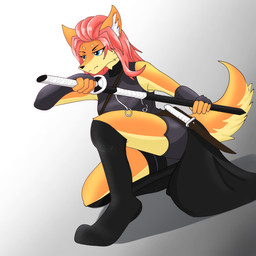 anthro attack black_clothing breasts clothing countershading curvy_figure dominant dominant_female dress female hair knife melee_weapon ninja pose red_hair samurai solo stern suit sword warrior weapon blu_shun camilla_queen canid canine canis fox hybrid mammal wolf 1:1 hi_res