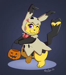 clothed clothed_feral clothing costume female feral food fruit gradient_background holidays looking_at_viewer one_eye_closed plant pumpkin purple_eyes simple_background smile smiling_at_viewer solo trick-or-treating wink winking_at_viewer kerilyn halloween nintendo pokemon generation_1_pokemon generation_7_pokemon mimikyu pikachu pokemon_(species) hi_res