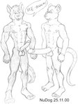 abs anthro balls big_penis comparing comparing_penis duo erection foreskin genitals glans humanoid_genitalia humanoid_penis male muscular muscular_anthro muscular_male nipples pecs penis penis_size_difference plantigrade retracted_foreskin speech_bubble nudog domestic_cat felid feline felis mammal mouse murid murine rodent 2000 black_and_white graphite_(artwork) monochrome traditional_media_(artwork)