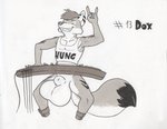 animal_genitalia anthro balls big_balls bottomless clothed clothing equipment genitals huge_balls hyper hyper_balls hyper_genitalia male public sheath shirt solo tank_top topwear tiedernas dox_drakes canid canine fox mammal sketch