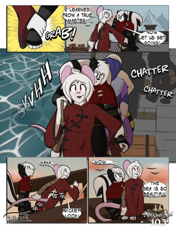 anthro arm_warmers armwear asian_clothing black_body black_fur braided_hair braided_ponytail bridge castle_wall chinese_clothing clothing cloud dialogue east_asian_clothing fur green_eyes group hair hat headgear headwear holding_bag legwear male mountain ponytail purple_body purple_fur red_eyes scarf ship shirt silhouette speech_bubble stockings sunrise text topwear tunic vehicle water watercraft white_body white_fur thibbycat mickey_(thibbycat) thibby_(thibbycat) xin_(thibbycat) domestic_cat felid feline felis mammal mephitid mouse murid murine rodent skunk comic english_text hi_res