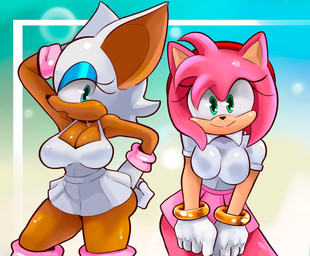 accessory anthro big_breasts big_ears biped blue_eyeshadow bodily_fluids border bottomwear breast_squish breasts bubble clothed clothing duo eyeshadow female female/female fur gloves gradient_background green_eyes handwear headband looking_at_viewer makeup open_mouth pink_body pink_bottomwear pink_clothing pink_fur pink_skirt red_headband ring_(jewelry) simple_background skirt smile sportswear squish standing sweat sweatdrop tennis_uniform topwear triangle_nose uniform white_body white_bottomwear white_clothing white_fur white_gloves white_handwear white_skirt white_topwear pepperoni-ravioli sega sonic_the_hedgehog_(series) amy_rose rouge_the_bat bat eulipotyphlan european_hedgehog hedgehog mammal 2024 absurd_res digital_drawing_(artwork) digital_media_(artwork) hi_res
