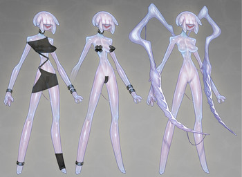 4_fingers 4_toes anklet bangs barefoot big_breasts bloodshot_eyes bracelet breasts choker clothed clothing dress featureless_breasts featureless_crotch feet female fingers goo-connected_lips hair hair_over_eyes jewelry leg_warmers legwear navel necklace nipple_tape nude open_mouth open_smile pasties pigtails pseudo_hair pussy_tape slim slime smile solo standing tape toes vein derek_hetrick shmoop_(derek_hetrick) goo_creature goo_humanoid humanoid 2023 hi_res model_sheet