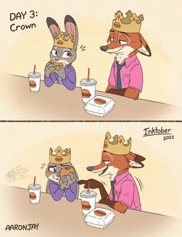 4_fingers anthro beverage black_nose burger burger_king_crown clothed clothed_anthro clothed_female clothed_male clothing count crown day_count duo eating fast_food female female_anthro fingers flirting food fur gloves_(marking) grey_body grey_fur headgear humanoid_hands inner_monologue larger_anthro larger_male male male_anthro markings paper_crown pink_nose red_body red_fur size_difference smaller_anthro smaller_female soda thinking white_body white_fur aar0njay burger_king disney inktober inktober_2025 jerma985 zootopia judy_hopps nick_wilde canid canine european_rabbit fox lagomorph leporid mammal oryctolagus rabbit red_fox true_fox 2025 comic hi_res
