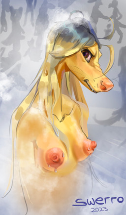 anthro areola bathing blonde_hair breasts brown_eyes female fur hair long_hair looking_at_viewer nipples showering small_breasts solo teeth text water wet wet_body whiskers yellow_body yellow_fur swerro canid canine canis domestic_dog greyhound hunting_dog mammal sighthound 2023 artist_name dated hi_res