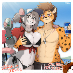 abs anthro arm_around_partner baseball_cap beverage_can big_breasts bikini breast_grab breasts brown_hair can clothing container crop_top day duo female fur grey_body grey_fur grey_hair hair hairless_tail hand_on_breast hat headgear headwear holding_can holding_container holding_object jewelry male male/female markings necklace outside purple_eyes scar shirt sky smile spots spotted_body spotted_fur swimming_trunks swimwear teeth tied_shirt topwear two-piece_swimsuit yellow_body yellow_fur 00niine bud_light jessie_(00niine) zachariah_(velocitycat) american_opossum cheetah felid feline mammal marsupial 1:1 hi_res