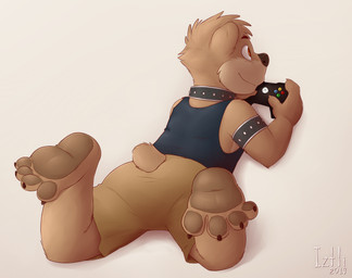4_toes anthro barefoot claws clothing collar controller feet game_controller lying male monotone_background pawpads paws smile soles solo toe_claws toes xbox_controller young young_anthro young_male iztli microsoft xbox xbox_game_studios bear mammal 2019 hi_res signature
