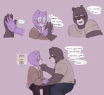 anthro blush bottomwear brown_body clothing dialogue duo eyewear glasses humanoid_hands male pants purple_body shirt sitting text topwear zadscat unicorn_wars padre_(unicorn_wars) sargento_caricias bear mammal 2023 hi_res spanish_text