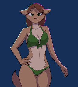 anthro bikini bikini_only breasts brown_hair brown_nose clothed clothing collarbone countershade_torso countershading eyebrows female fingers front_view green_bikini green_bikini_bottom green_bikini_top green_clothing green_eyes green_swimwear hair hand_on_hip looking_at_viewer monotone_bikini monotone_clothing monotone_swimwear solo swimwear teeth two-piece_swimsuit walking kanashiipanda book_of_lust olivia_hart canid canine canis mammal wolf animated