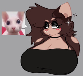anthro big_breasts big_ears big_eyes blush bra_strap breasts brown_body brown_fur choker clothing ear_piercing eyeliner facial_piercing female fur green_eyes huge_breasts jewelry large_hair makeup necklace nose_piercing open_mouth piercing poofy_hair septum_piercing simple_background solo speech_bubble tan_body tan_fur topwear tube_top silliusmaximus emi_(silliusmaximus) felid feline mammal bust_portrait flat_colors portrait