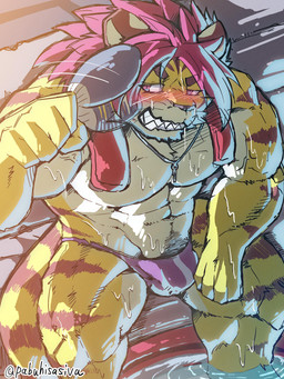 5_fingers abs anthro biceps biped bodily_fluids bulge clothed clothing fingers fur humanoid_hands male muscular muscular_anthro muscular_male muscular_thighs pecs solo speedo speedo_only striped_body striped_fur stripes sweat swimwear topless pabuhisasiva lifewonders tokyo_afterschool_summoners nomad_(tas) felid mammal pantherine tiger 2025 3:4 absurd_res colored hi_res signature
