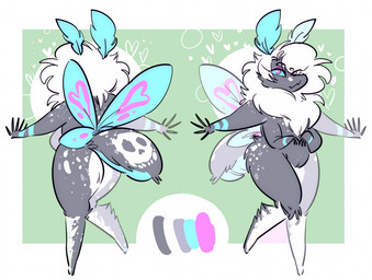 ambiguous_gender anthro blue_eyes fur green_background grey_body grey_fur hair heart_symbol looking_at_viewer multicolored_body multicolored_fur on_one_leg pose simple_background solo standing tail white_hair wings bileshroom arthropod insect lepidopteran moth 2019 model_sheet male_(lore)
