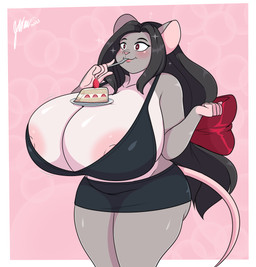 accessory anthro areola big_breasts black_hair border bow_(feature) bow_accessory bow_ribbon breasts cake clothing dessert eating female food hair hair_accessory hair_bow hair_ribbon huge_breasts nipple_slip nipples ribbons solo sparkles white_border year jwinkz mimi_(spyingredfox) house_mouse mammal mouse murid murine rodent 2021 signature