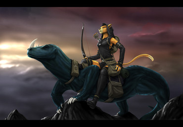 anthro armwear arrow_(weapon) backpack bag bow_(weapon) claws clothed clothing cloud detached_sleeves dewclaw dipstick_tail duo facial_horn facial_markings female feral fully_clothed harness head_markings holding_object holding_weapon horn jewelry markings multicolored_tail muzzle_(marking) necklace nose_horn nude plantigrade quiver_(object) ranged_weapon riding ring rock saddle saddle_bag shoulder_bag sky snout snout_markings spots straddling tail tail_markings weapon lancea microsoft the_elder_scrolls felid khajiit mammal scalie absurd_res hi_res unavailable_at_source