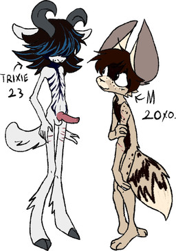anthro duo erection male nervous size_difference standing trixietragedy m_(trixietragedy) trixie_(trixietragedy) bovid canid canine caprine fennec_fox fox goat mammal true_fox hi_res model_sheet