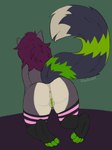 all_fours anthro anus big_butt big_tail butt clothing feet female floor genitals hair hindpaw legwear legwear_only paws presenting purple_hair pussy raised_tail rear_view sitting solo tail thigh_highs hawkward_(artist) dezyraccoon mammal procyonid raccoon absurd_res hi_res